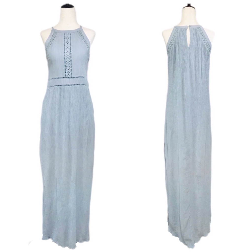 Altar'd State Light Blue Sleeveless Halter Maxi Dress Crochet Lace Size Medium